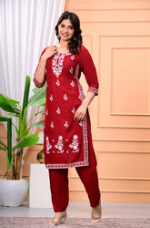 *Perfect outfit for this summer season with  most comfortable and beautiful chikankari embroidery work rayon fabric kurta  set*
* straight kurta palazzo set*
*Fabric : Rayon Liva certified*